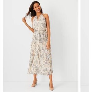 Petite Shimmer Paisley Chain Pleated Halter Dress